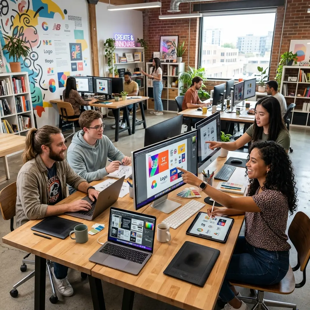 Graphic designers working on visual design in studio